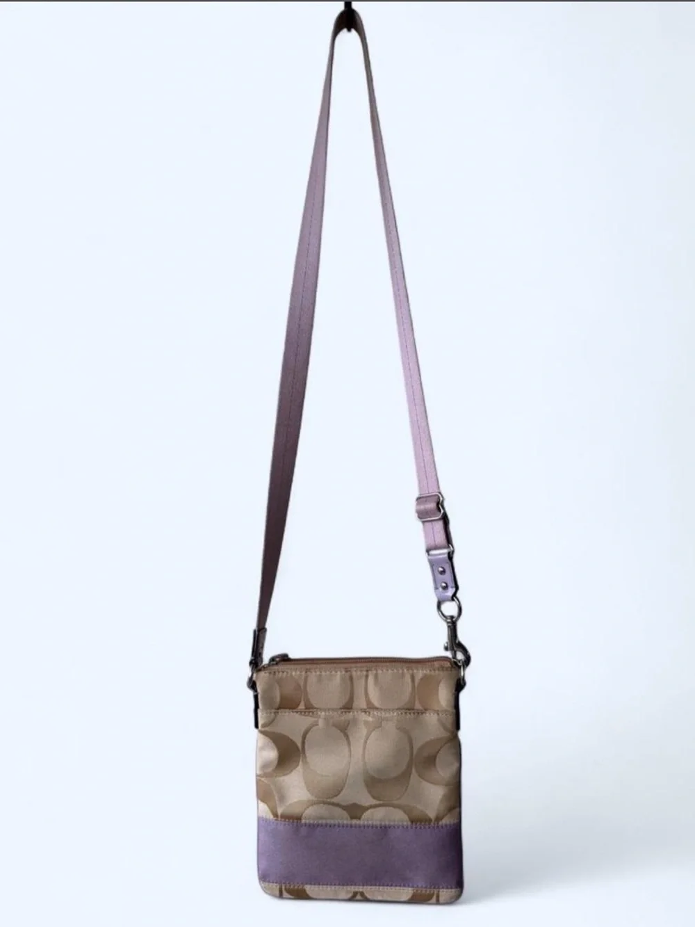 Coach Signature Canvas Crossbody Bag in Tan and Lavender